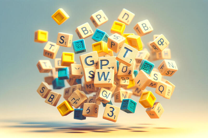 Scrabble tiles tumbling in the air, each spelling out the letters and symbols of GPT-SW3