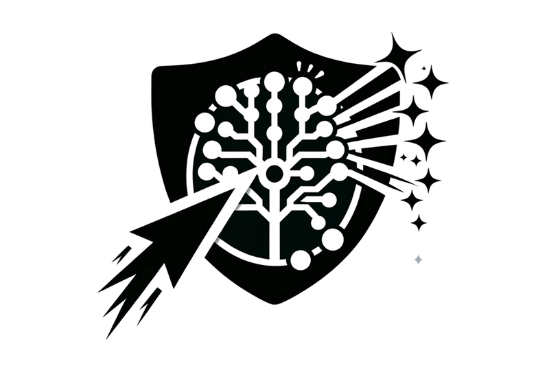 an icon showing a shield with incoming arrow, AI in the center and threat being dissolved into stars