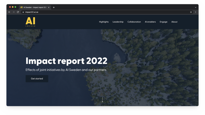 A screenshot showing the start page of the 2022 AI Sweden Impact report startpage