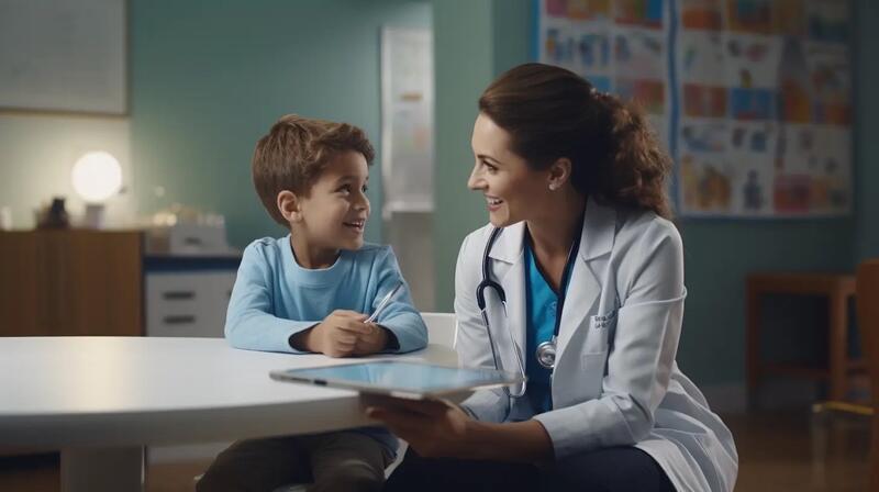 A physician seated alongside a pediatric patient, both wearing smiles