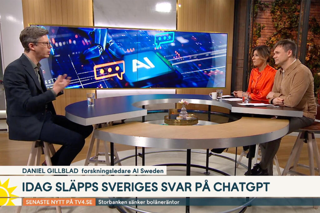 Screenshot from TV4 morgonsoffa with Daniel Gillblad and hosts talking about GPT-SW3 release
