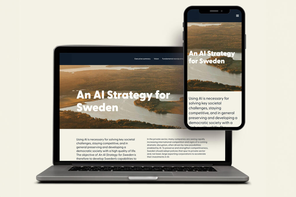 The webpage 'An AI strategy for Sweden' displayed on a laptop and a mobile device