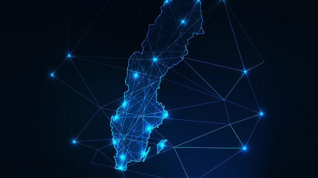 A blue-themed illustration depicting a map over Sweden with a grid, featuring dots that symbolise the mapping of artificial intelligence