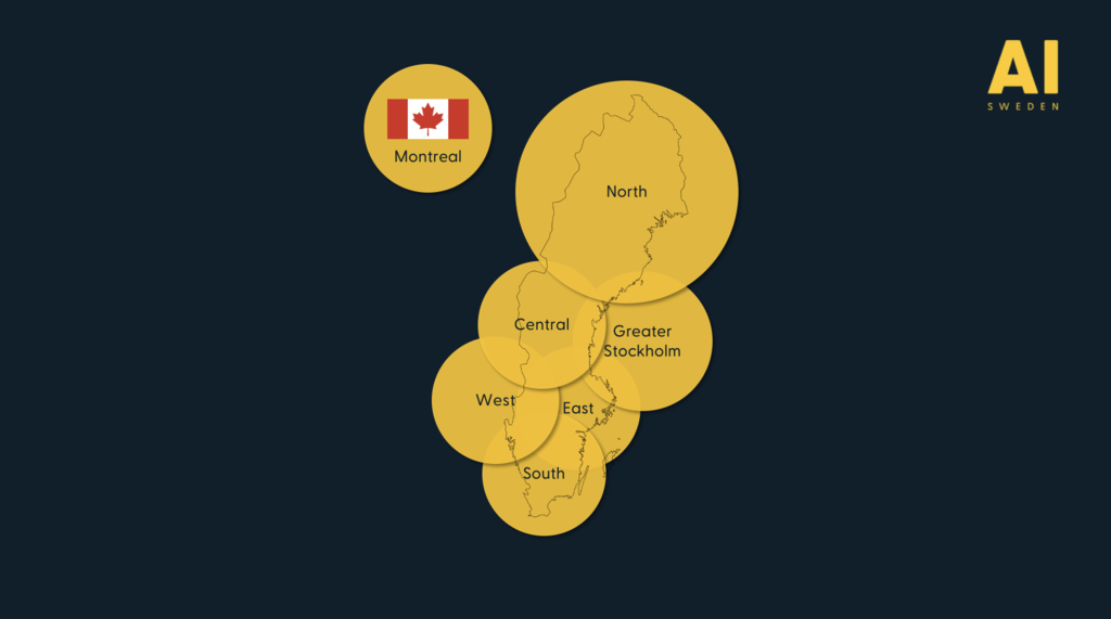 An illustrative map showcasing the presence of AI Sweden and a Canadian flag