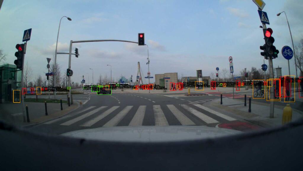 Urban traffic scene with a pedestrian crossing, viewed from the perspective of a driver